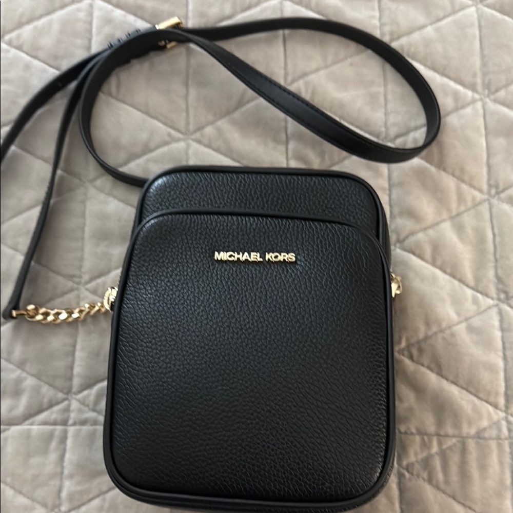 Michael Kors Black Leather Crossbody Bag with Gold Chain